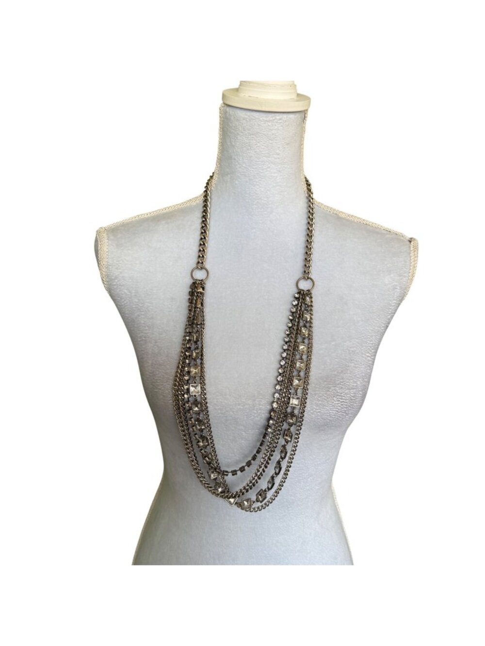 Multi-Strand Antique Silver Chain Necklace With Rhinestones And Square Accents